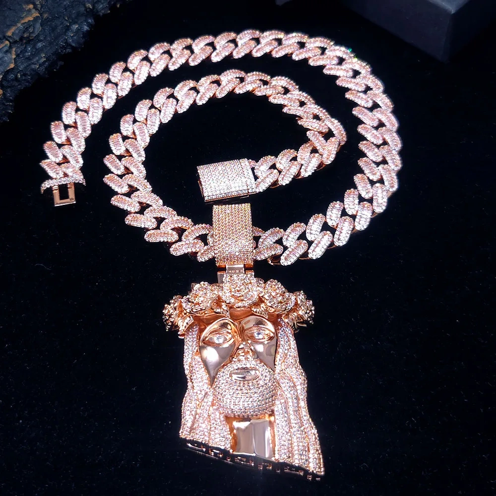 Hip Hop Fine Rose Gold Iced Cuban Chain with Jesus Pendant Jewelry Two Tone Jesus Religious Christian Pendant Necklace Gift