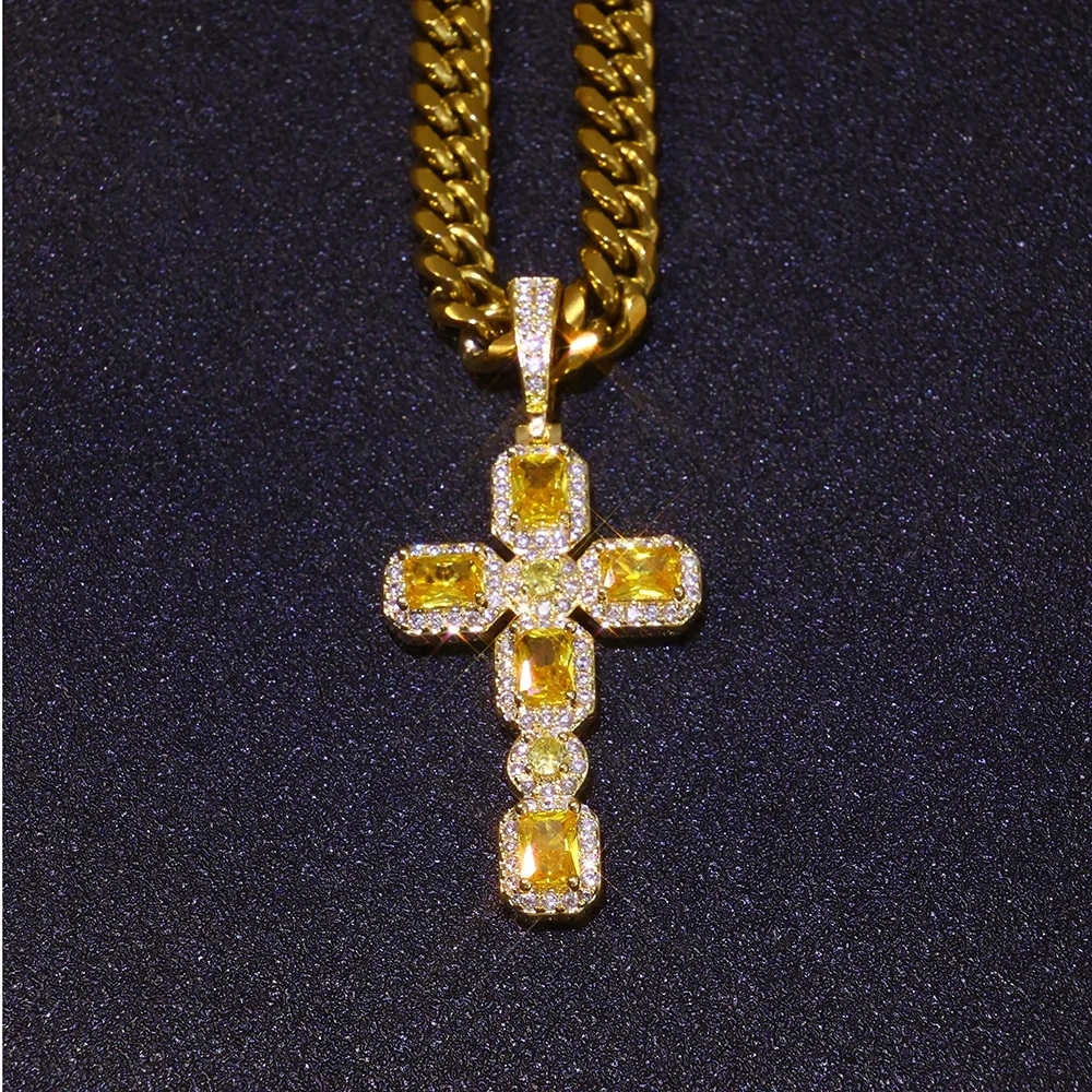 ESKEEM New Arrival Hip Hop Bling Yellow CZ Diamond Cross Pendant Yellow Baguette Gemstone Cross Necklace for Women Men