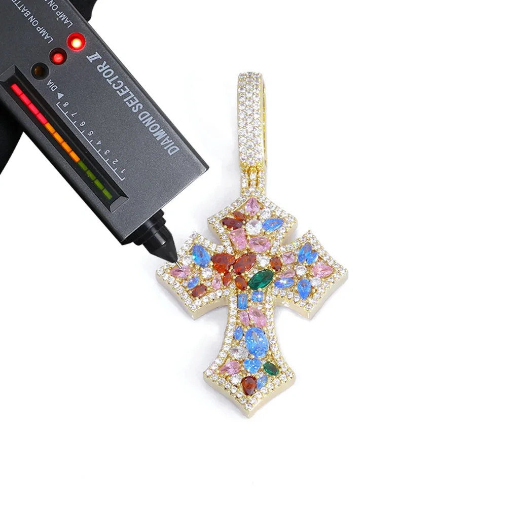 ESKEEM S925 Sterling Silver Paved Colorful Moissanite Cross Pendant Hip Hop VVS D Moissanite Diamond Pendant Necklace for Unisex