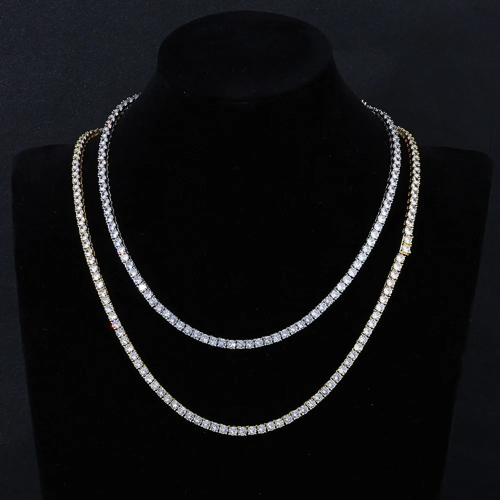 Hip-Hop Brass Gold Plated Cubic Zircon Single Row Tennis Necklace Jewelry Bling Diamond Tennis Chain Women Men Gift