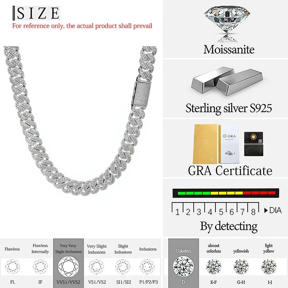 New 14mm Moissanite Cuban Diamond Chain Hip Hop Cuban Iced Out Chain For Men 925 Sterling Silver VVS Jewelry Necklace