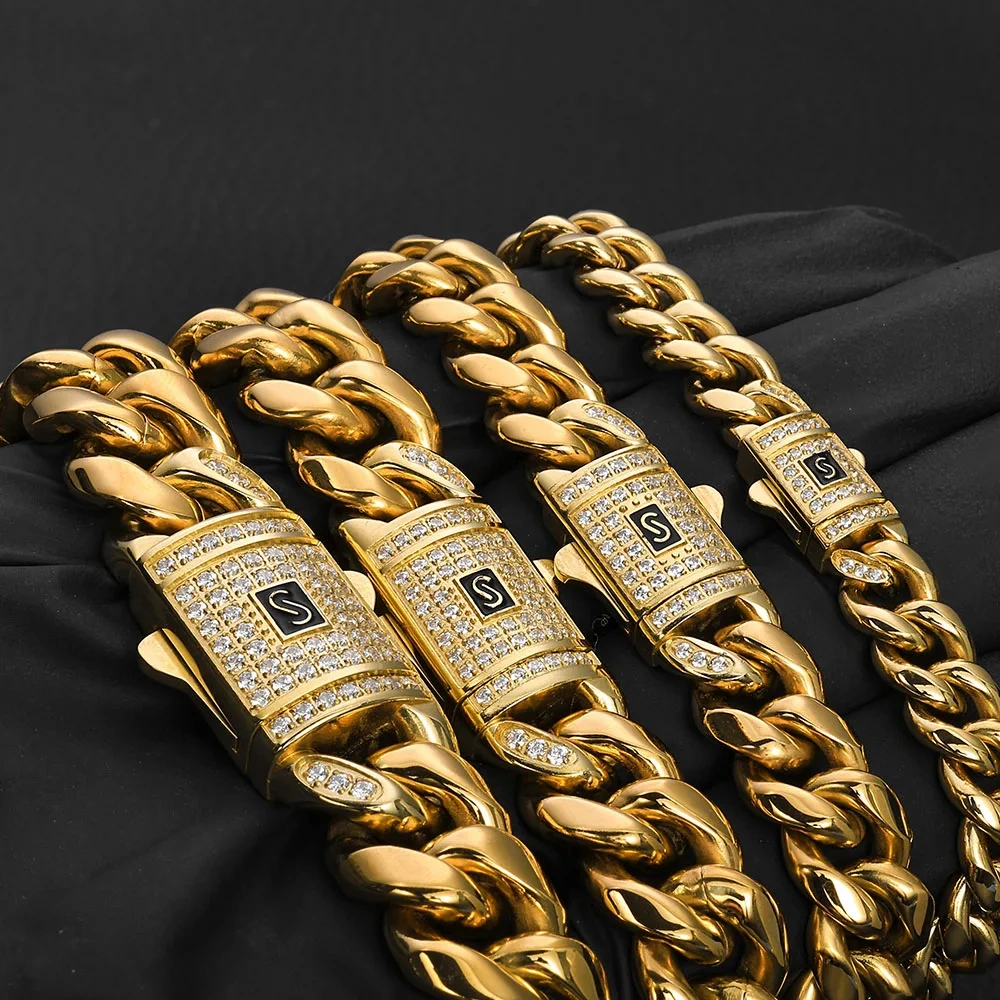ESKEEM Bling Iced Out Stainless Steel Spring Buckle Miami Cuban Link Chain Bracelet for Men PVD 14k Gold Plating Hip Hop Jewelry