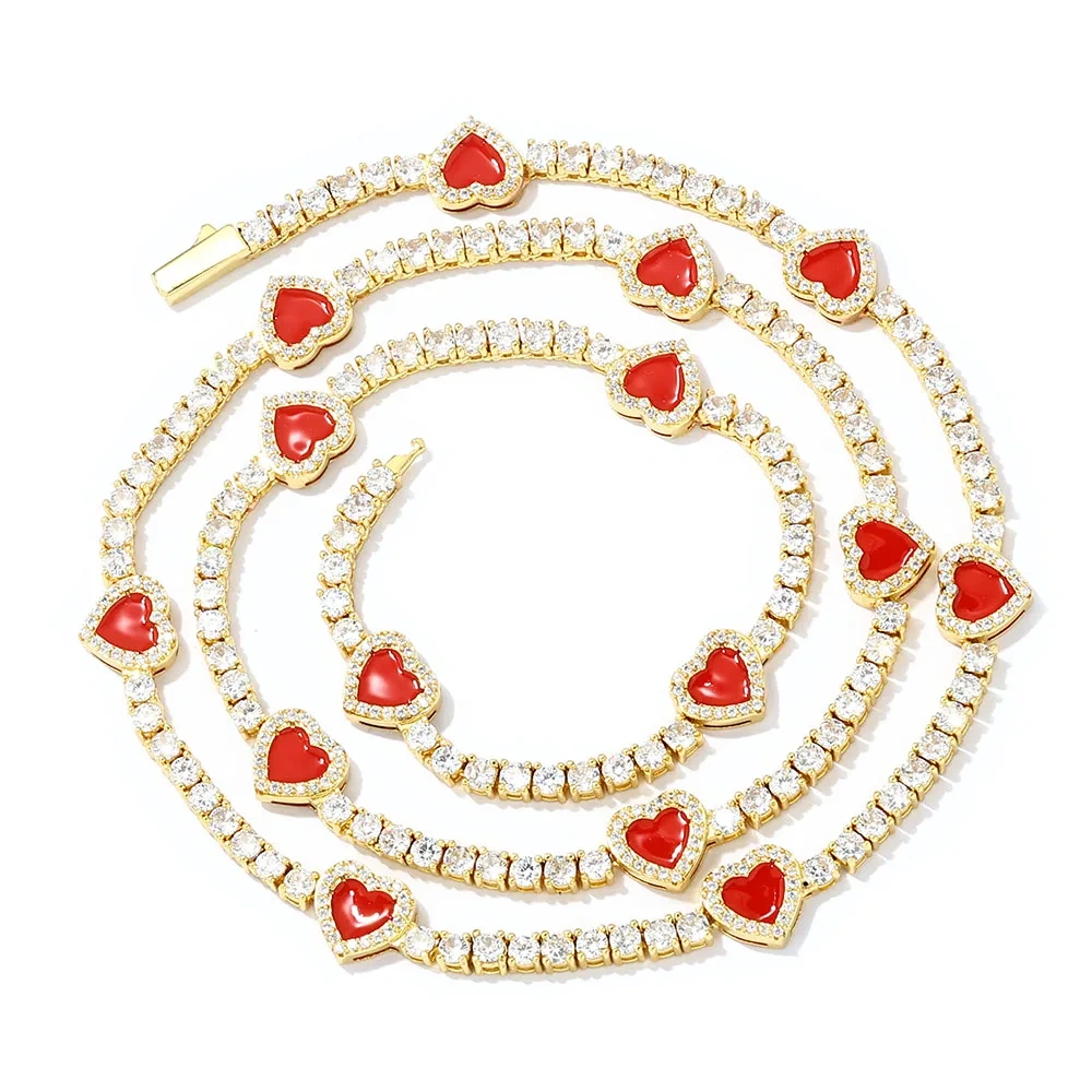 New Design Red/Green Heart Tennis Necklace Bracelet Jewelry Set Jewelry for Woman Classical Necklace Fine Jewelry 5A Zircon