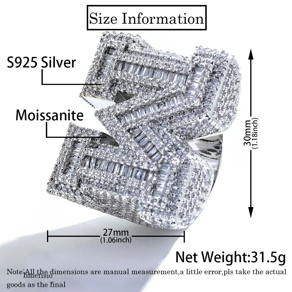 Top Quality 925Silver VVS Letter M Ring Full Diamond Pave Hip Hop Luxury Sterling Silver Vvs Moissanite Rings for Him/Her
