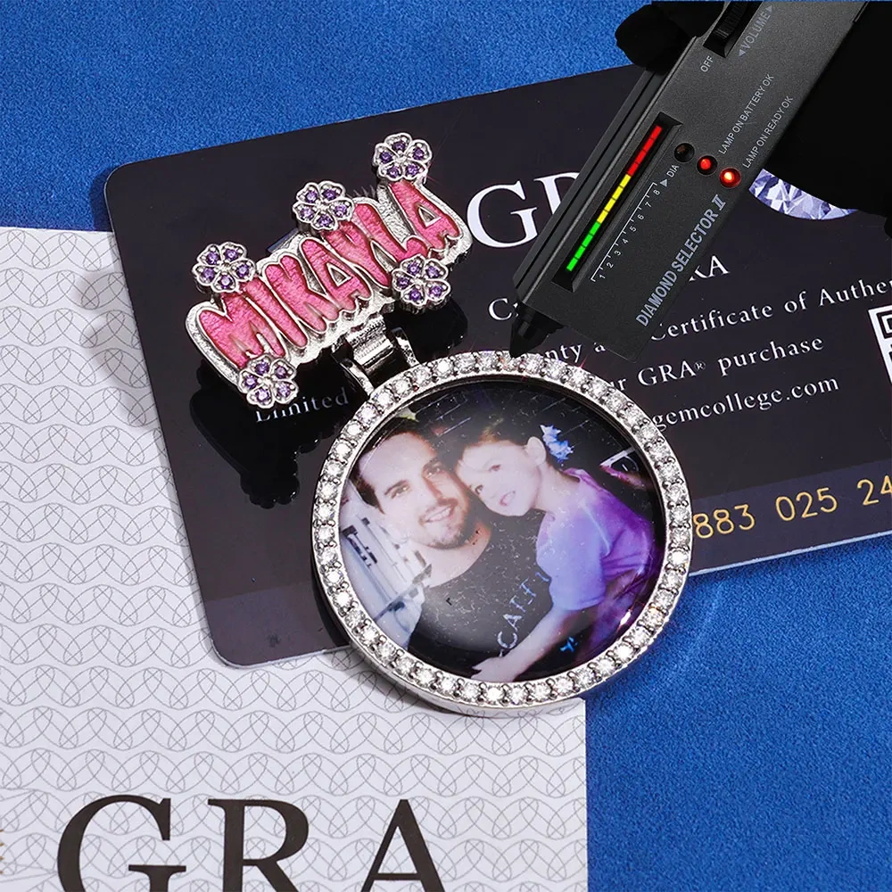Hip Hop Custom Bail Iced Out Vvs Moissanite Diamond Memory Picture Pendant Necklace 35mm Circle Photo Chain with GRA Certificate