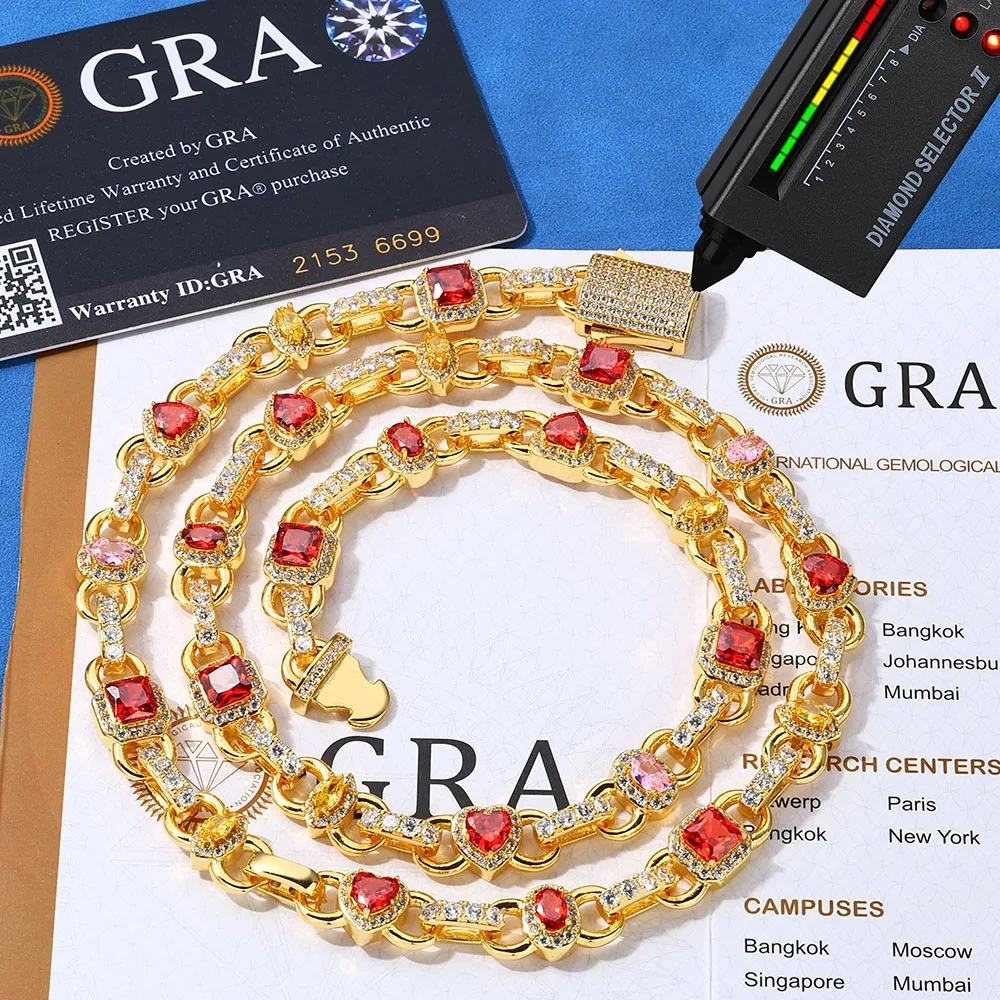 NY Hip Hop New Style Link Chain 925 Silver VVS Moissanite Necklace 10MM Geometric Shape Design Red/Yellow Zircon Women Jewelry
