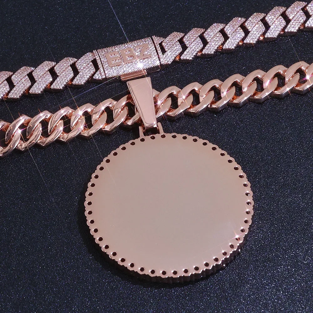 15mm Cuban Chain with Big Circle Photo Pendant Rose Gold Plated Hip Hop Picture Necklace Jewelry Gift Custom Letter/Name/Logo