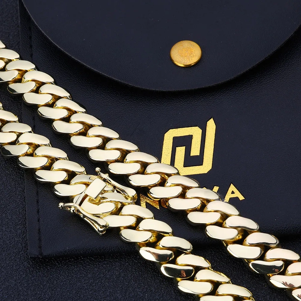 12MM Brass Choker 14K Solid Gold Plated Miami Cuban Link Chain Necklace Men Women Hip Hop Monaco Jewelry with Deep Carving 14k
