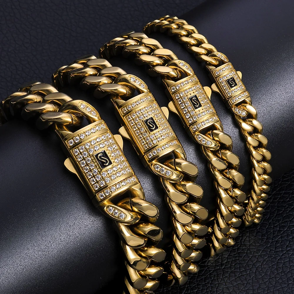 ESKEEM Hip Hop Jewelry 6/9/11/13MM PVD 14k Gold Plating Monaco Necklace Stainless Steel Miami Cuban Link Chains For Women Men