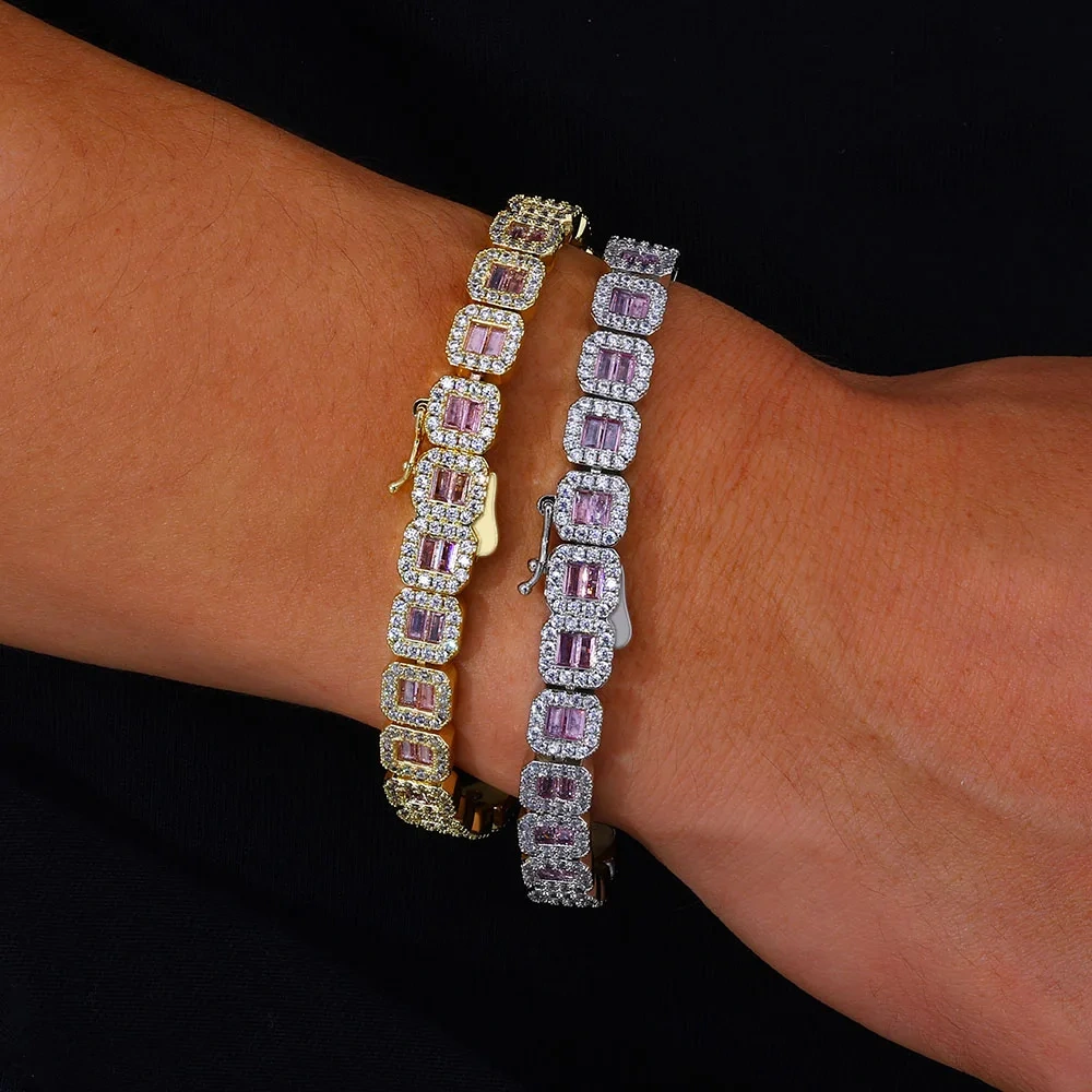 Hip Hop 8mm Square Diamond Brass Baguette Tennis Bracelet 18K Gold Plated Iced Out CZ Tennis Chain Jewelry For Men