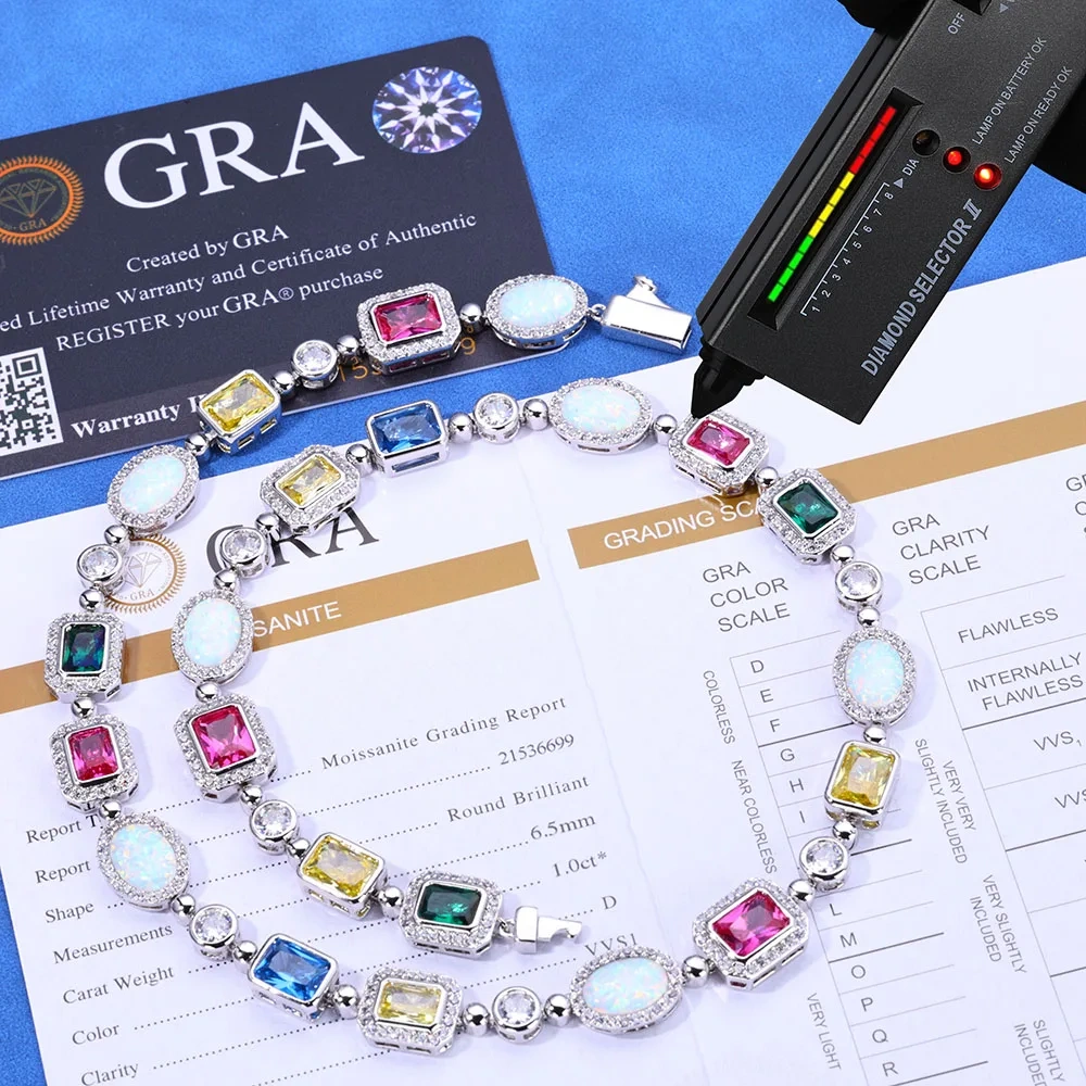 ESKEEm Luxury Geometric Multi-Color Zircon Choker 925 Silver White VVS Moissanite Chain Opal Necklace