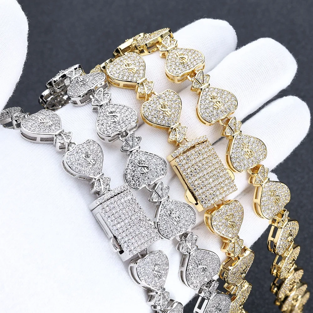Hip Hop Rapper Jewelry Iced $ Money Bag Necklace Micro Pave CZ Zirconia USD Money Bag Cuban Chain Necklace for Men Women ﻿