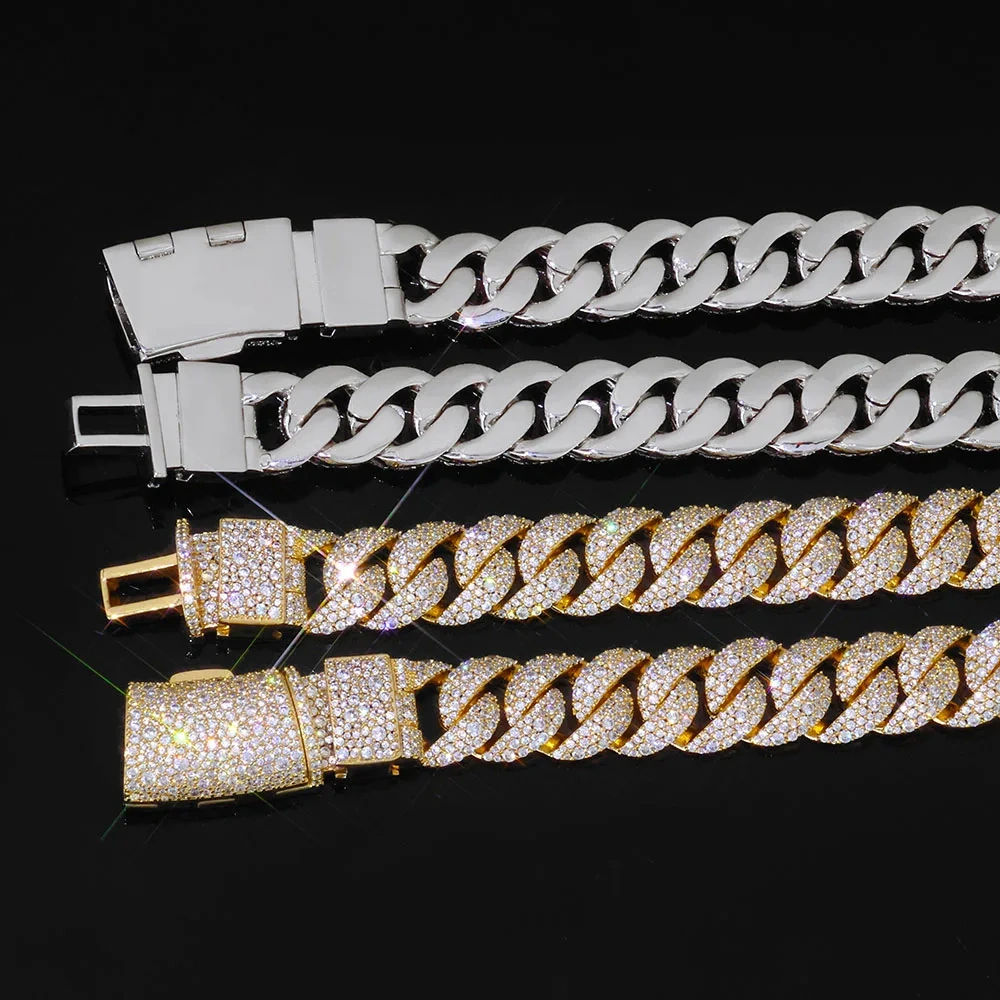 ESKEEM Mens 14mm 925 Silver VVS Moissanite Cuban Link Chain with Long Clasp Pass Diamond Test Iced Out Necklace Hip Hop Jewelry