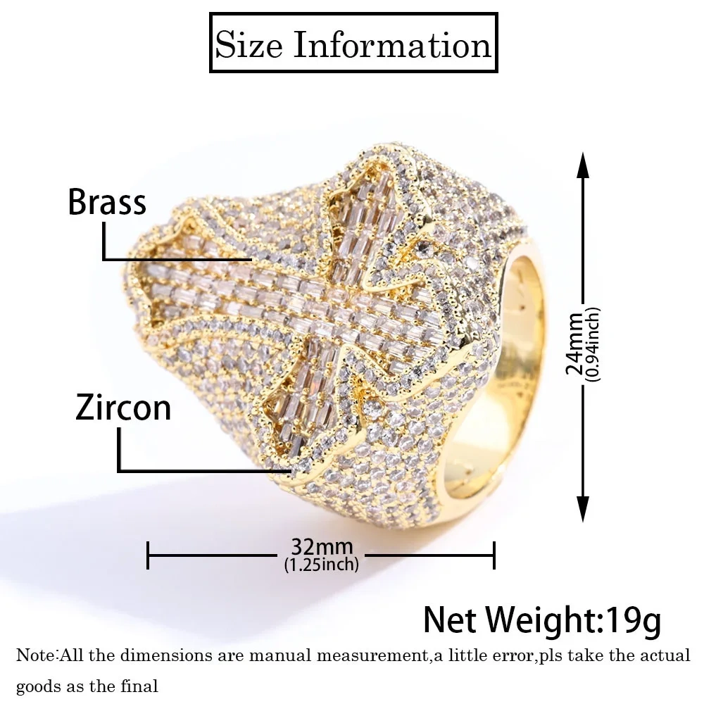 Hip Hop Jewelry Fashion Style Cross Cuban Ring for Men Bling Iced Out Round&T-shaped Diamond Cross Ring Party Gift