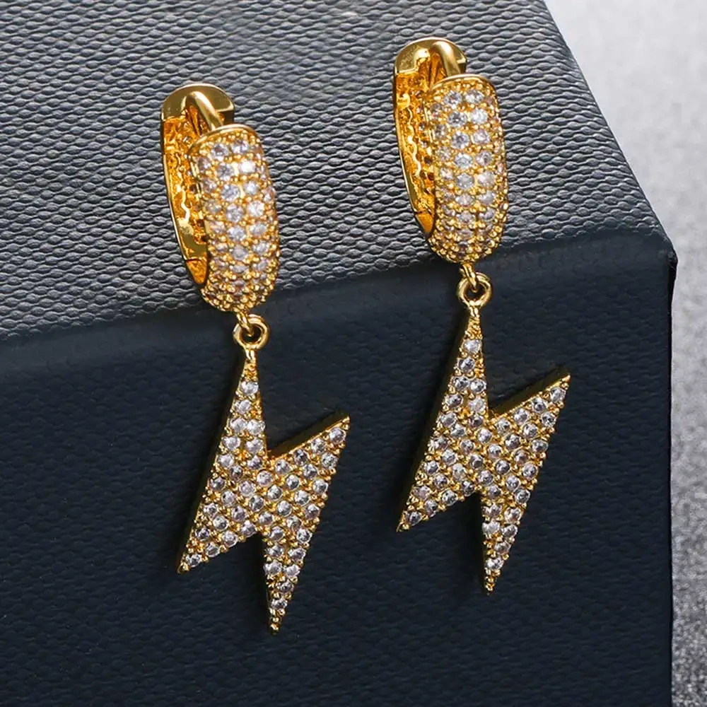 Drop Shipping Hip Hop Thick Hoop Earrings Bling Ice Out Cross CZ Zircon Plated Stud Lightning Earrings For Women Jewelry
