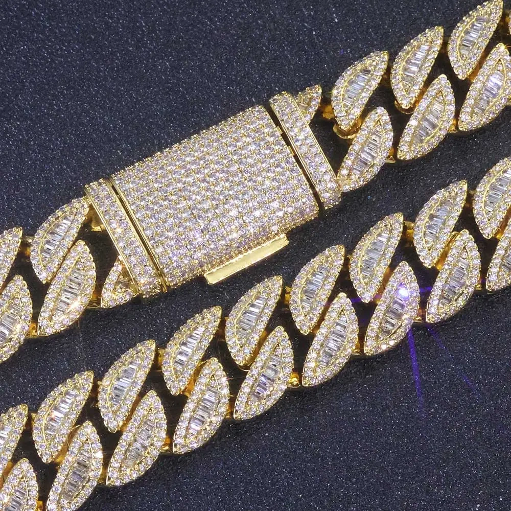 20MM 3 Rows Fashion Iced Cuban Bracelet Moon Shape Baguette Diamond Bracelets Men Women 18k Gold Plated Jewelry