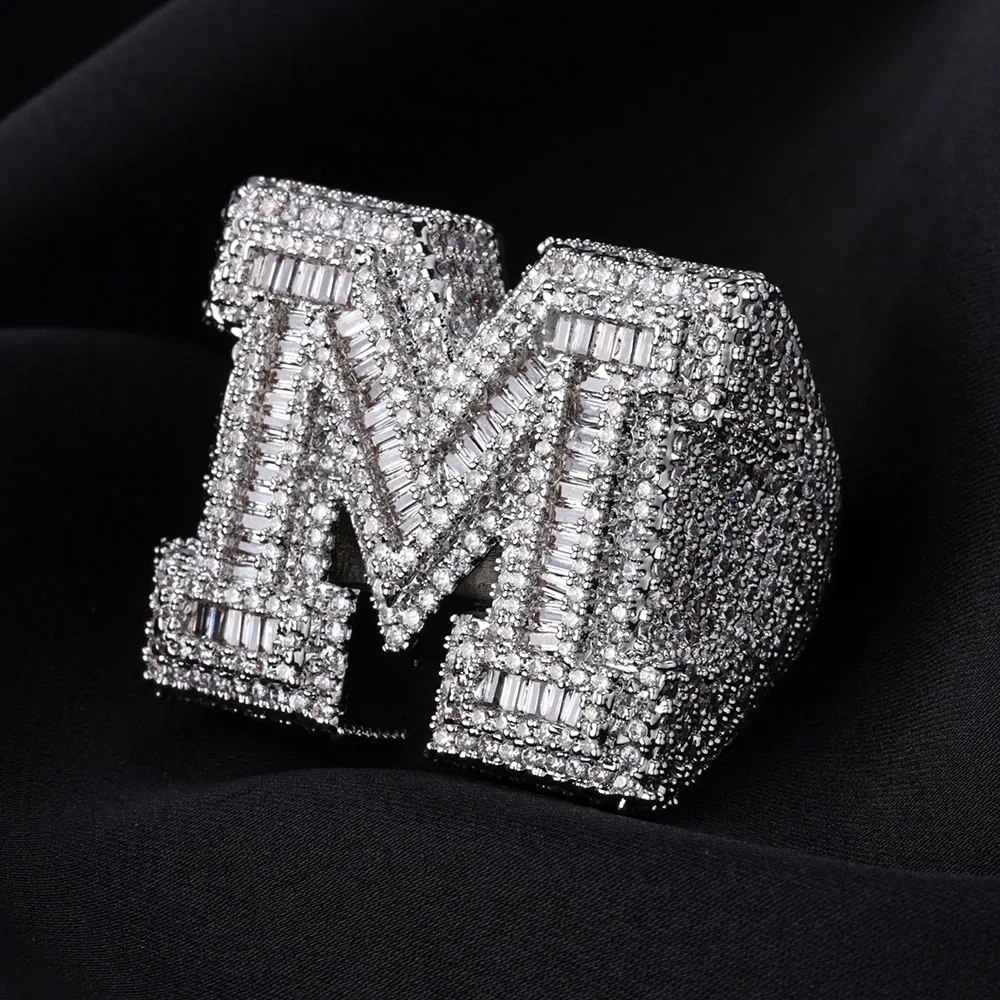 Best Quality Brilliant Rectangle Iced Out M Ring For Men Hip Hop M Initial Letter Round Cut Diamond Ring For Unisex jewelry
