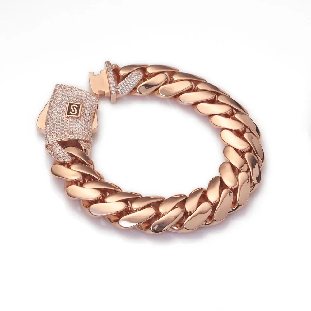 ESKEEM Hiphop Jewelry Rose Gold Plated Monaco Necklace Iced Out Diamond Clasp Flat Thick Cuban Link Chain Choker for Men