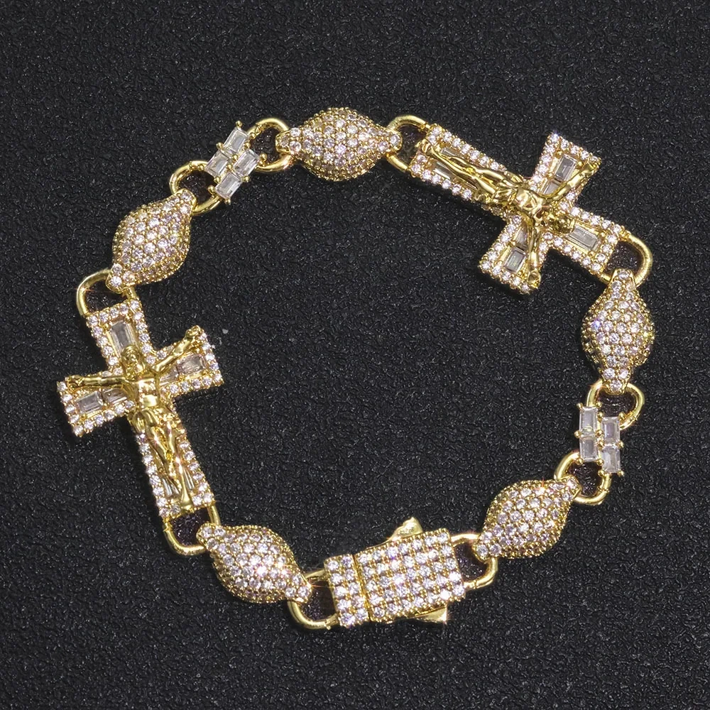 New Trendy 8mm Bead Cross Jesus Chain Bracelet Fully Iced Out Shinning Diamond 18k Gold Plated Miami Cross Bracelet Men