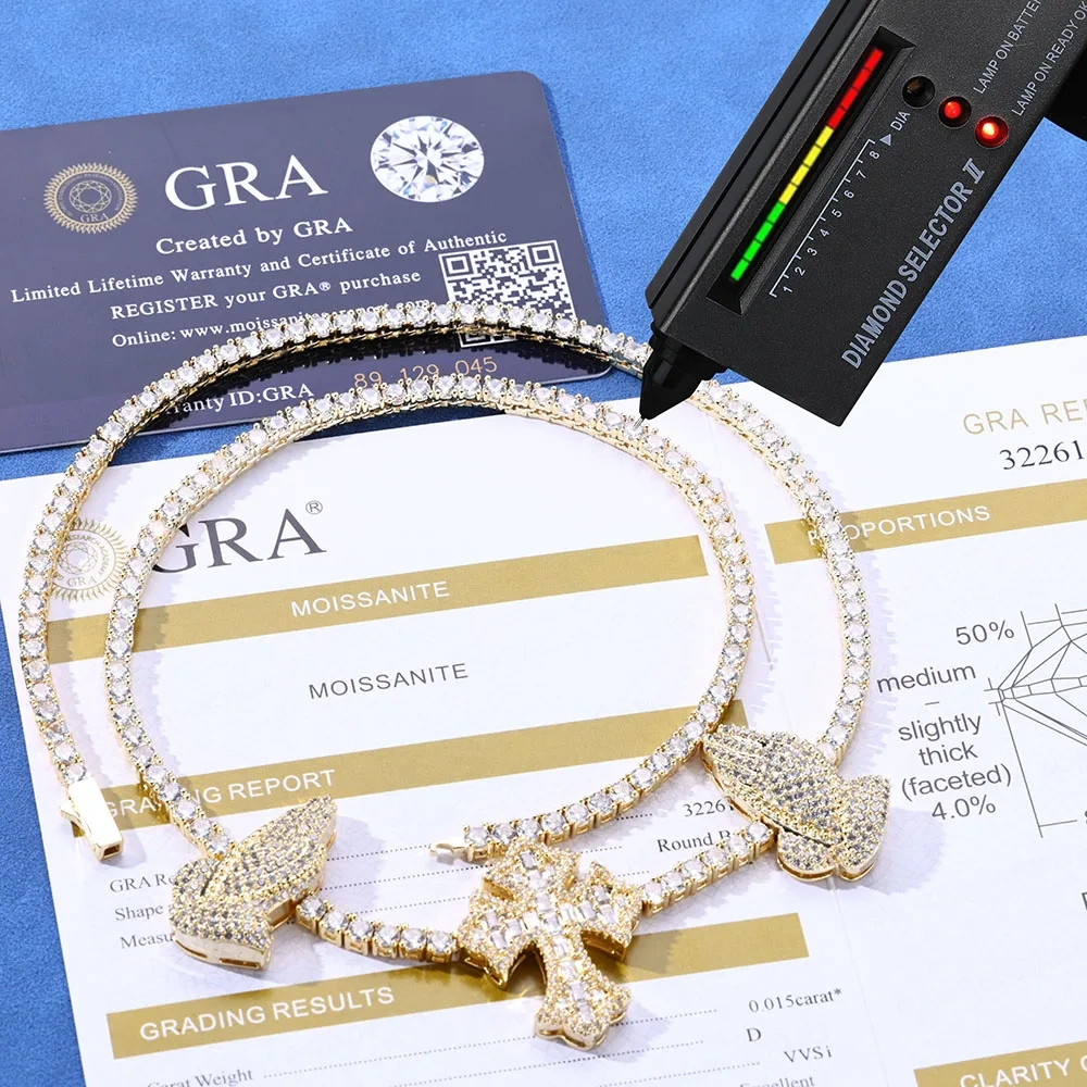 GRA Certified Custom Cross Necklace Silver 925 VVS Moissanite Hip-hop Ice Out Tennis Chain Necklace Women's Jewelry