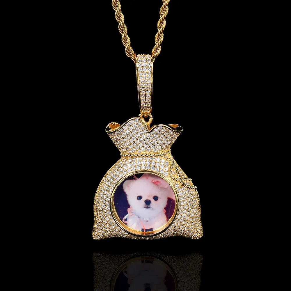 Custom Iced Out Bling Memory Photo Jewelry Money Bag Personalized Medallions Picture Necklace Hip Hop Pendant