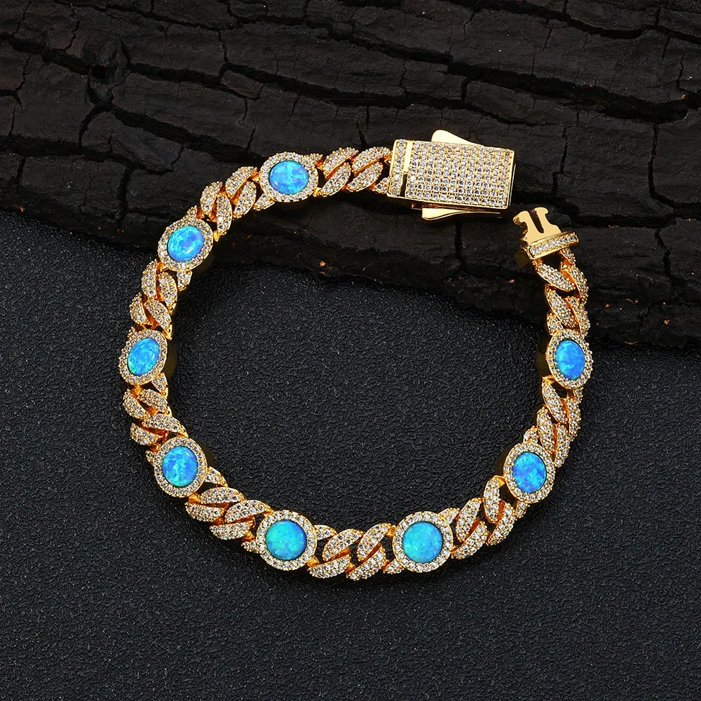 2025 Newest Arrival 18k Gold Plated Cubic Zircon Cuban Bracelet Jewelry Iced Out Big Blue Opal Cuban Chain Bracelet