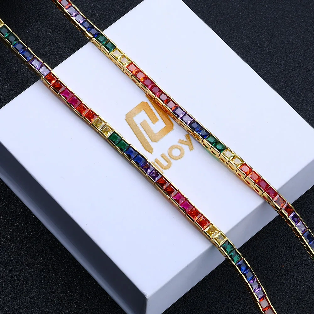 Fashion Jewelry Ice Out Rainbow Bracelet Brass Square 4mm 18K Gold Plated Colorful Cubic Zirconia Diamond Tennis Bracelet