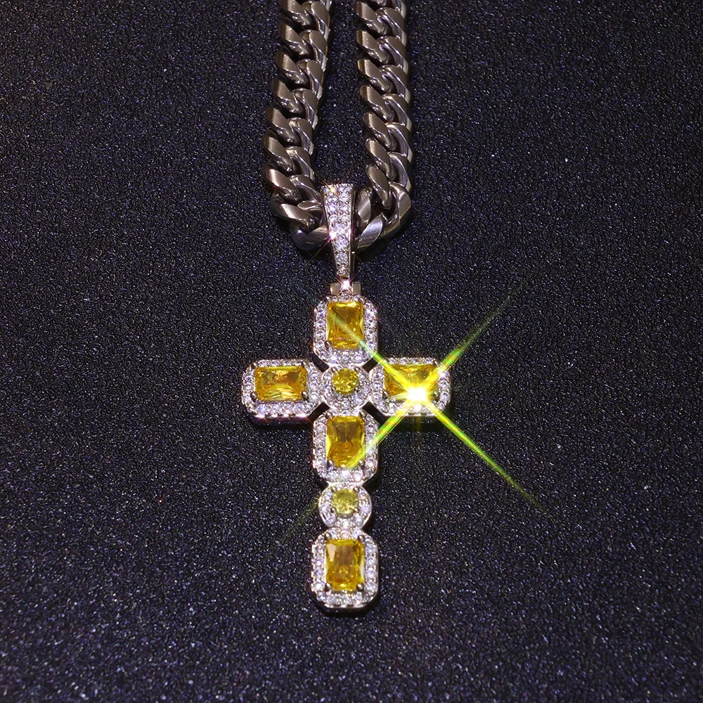 ESKEEM New Arrival Hip Hop Bling Yellow CZ Diamond Cross Pendant Yellow Baguette Gemstone Cross Necklace for Women Men