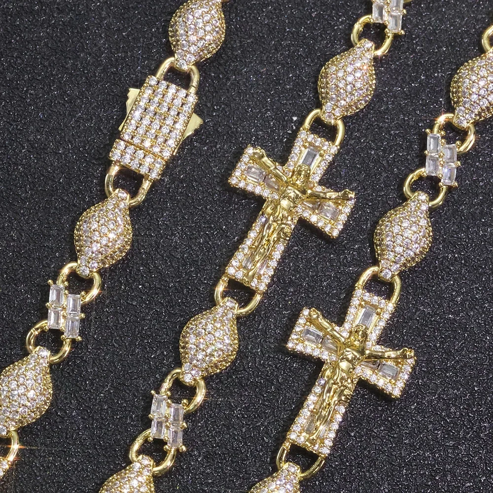 Custom Cross Iced Out Diamond Rosary Ball Link Chain Hip Hop Jewelry  Paved Baguette Cubic Zirconia Necklace Women Men