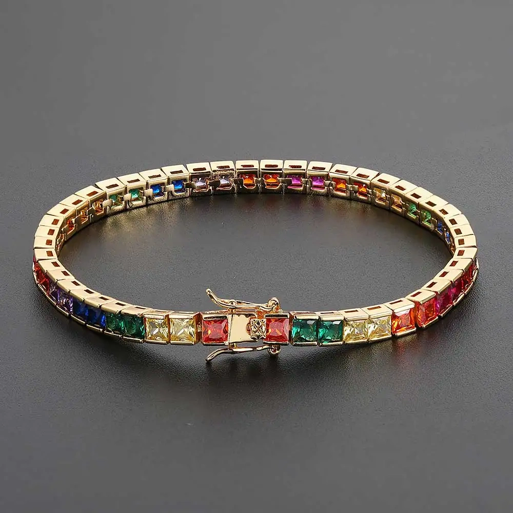 Fashion Jewelry Ice Out Rainbow Bracelet Brass Square 4mm 18K Gold Plated Colorful Cubic Zirconia Diamond Tennis Bracelet