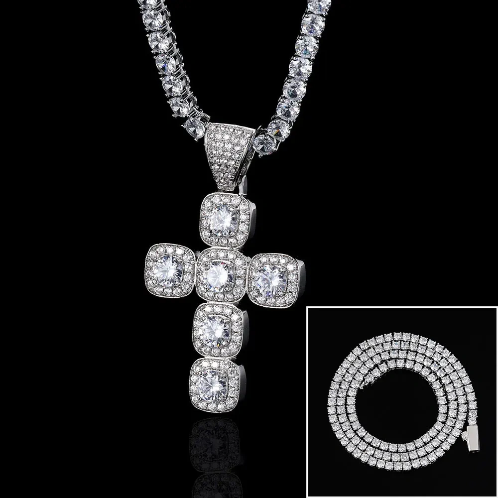 Hip Hop Iced Out Jewelry Big Cluster Tennis Cubic Zirconia CZ Cross Pendants Necklace For Women Drop Shipping