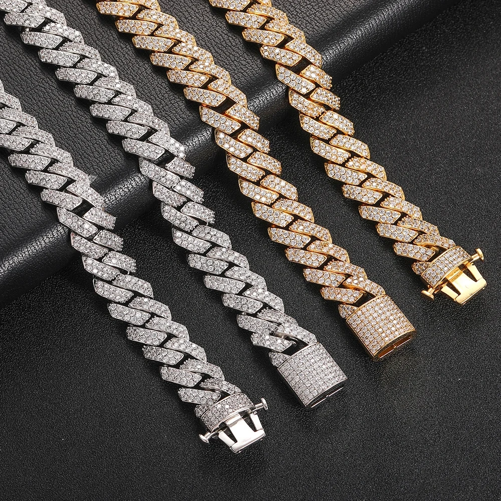 Hip Hop Jewelry 15MM Double-Row Iced Out Chain Necklaces Women 18K Gold/White Gold Plating Miami Prong Cuban Chain Necklace