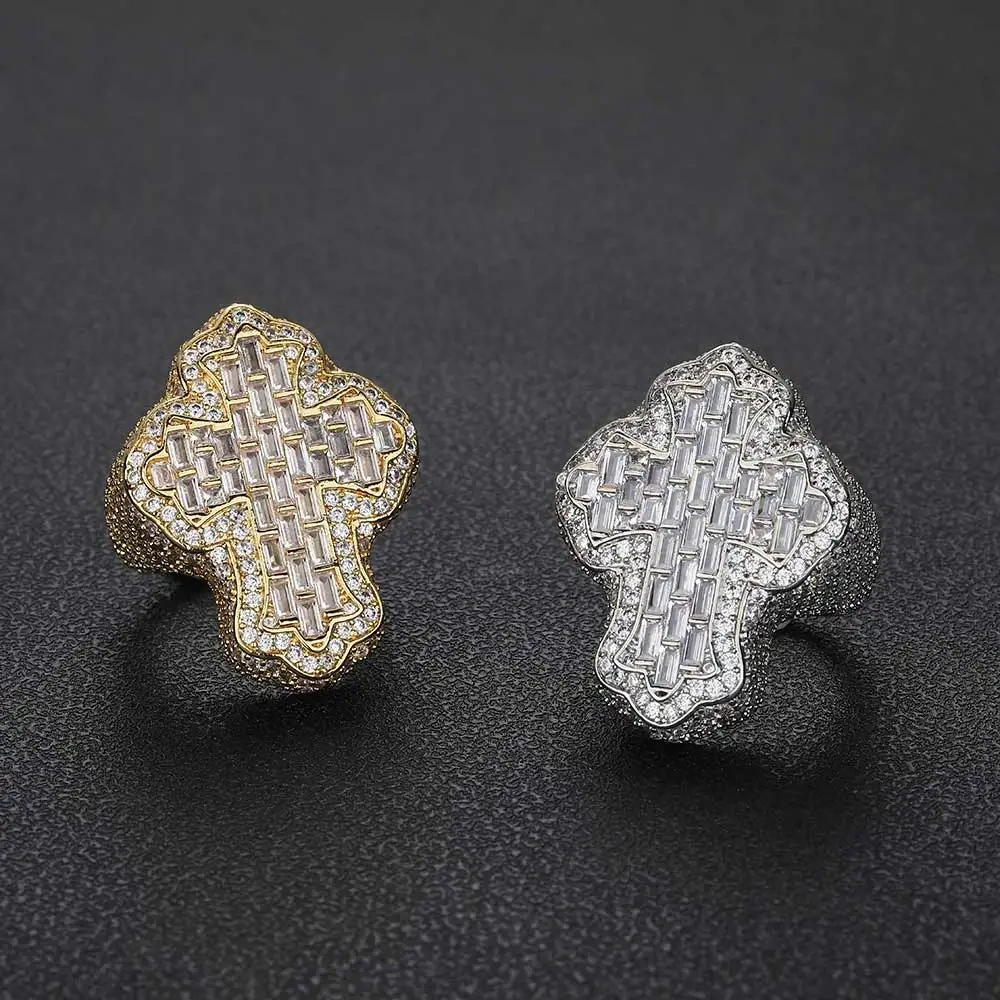 Hip Hop Luxury Religions With Christianity Ring Jewelry Iced Cubic Zirconia Big Cross Ring For Men Women