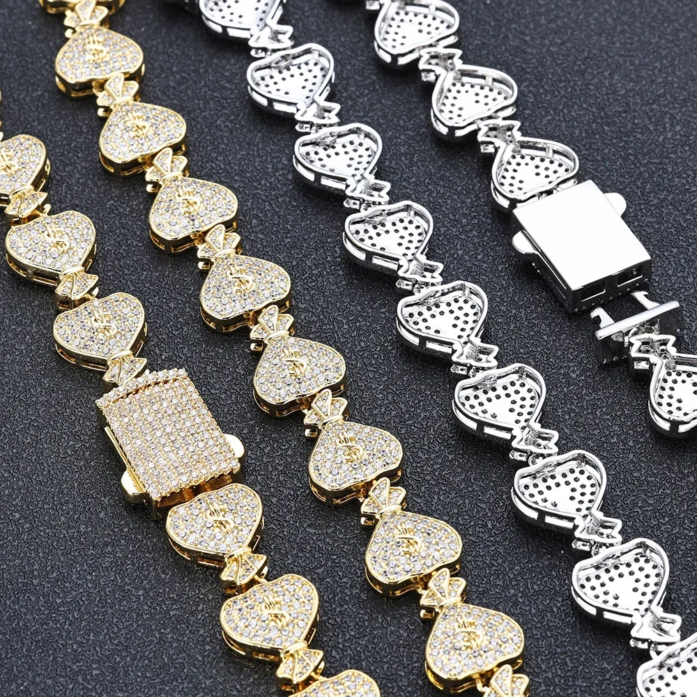 Hip Hop Rapper Jewelry Iced $ Money Bag Necklace Micro Pave CZ Zirconia USD Money Bag Cuban Chain Necklace for Men Women ﻿