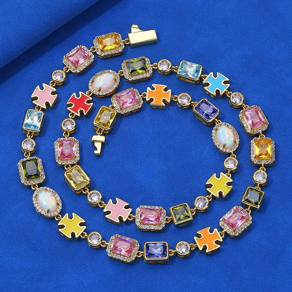 ESKEEM 10mm Pink/yellow/Bluw Multi Color Enamel Bling Cz Stone Chain Cross Geometric Gemstone Motif Iced Out Opal Chain Necklace