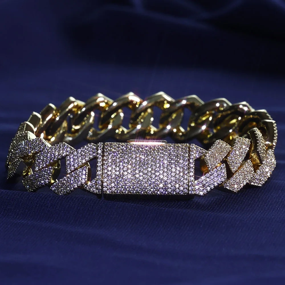 Hip Hop Jewelry White Gold Prong Miami Cuban Link Chain for Women 15mm 4 Rows Iced Out Diamond Prong Cuban Chain Bracelet