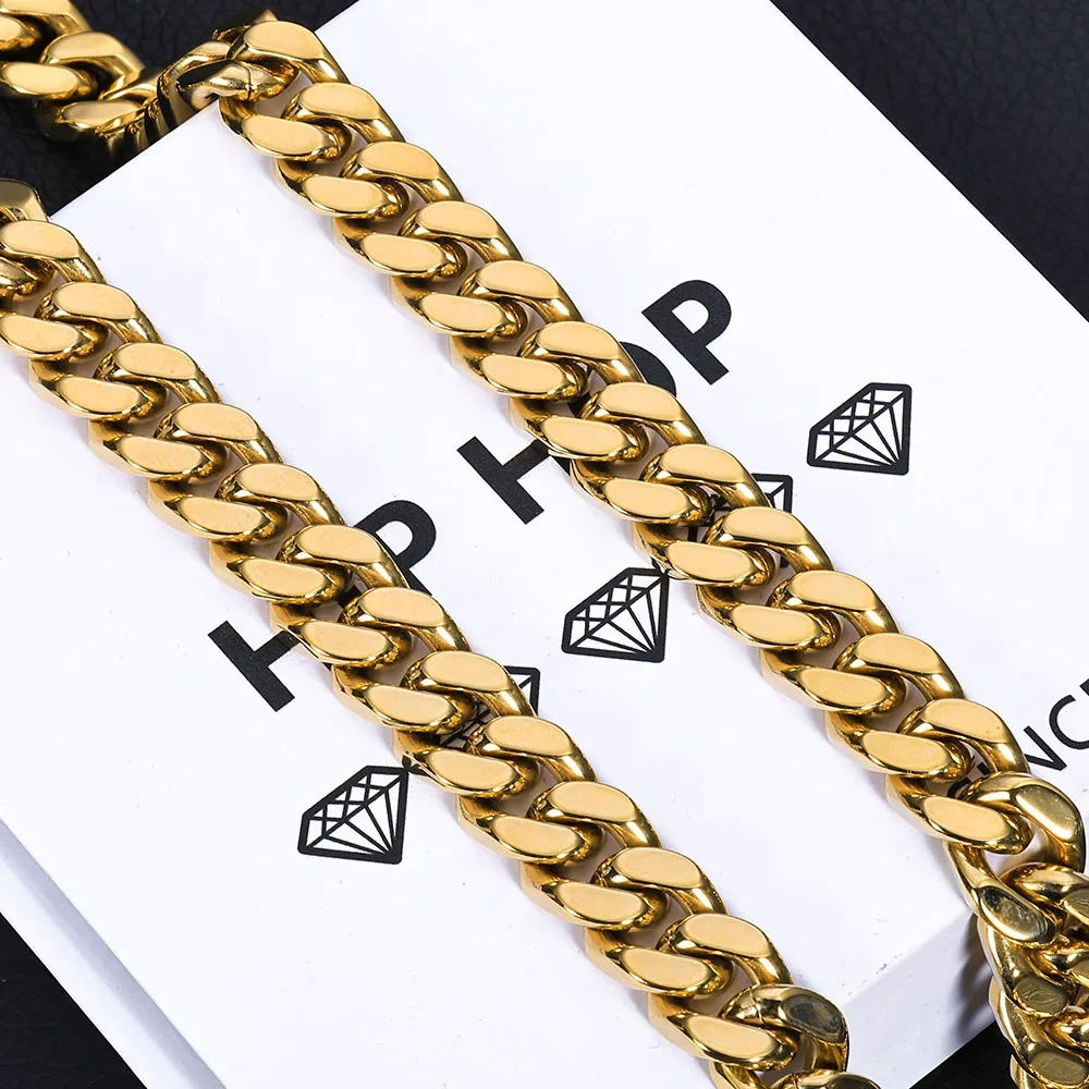 ESKEEM Hip Hop Jewelry 6/9/11/13MM PVD 14k Gold Plating Monaco Necklace Stainless Steel Miami Cuban Link Chains For Women Men