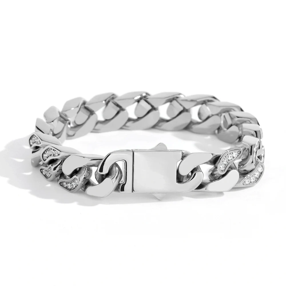 Hip Hop Rock Jewelry Miami Cuban Link Bracelet Stainless Steel CNC Inlaid Bling Ice Out PVD Plated Bracelet For Men