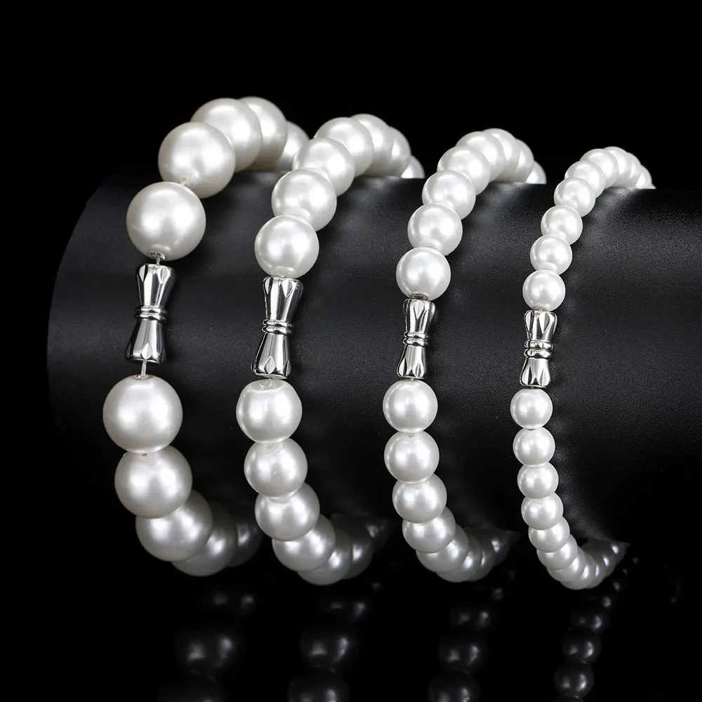 Hip Hop Jewelry 6mm 8mm 10mm 12mm Beaded White Pearl Strand Bracelet Women Men High Quality Bracelet Stainless Steel Clasp