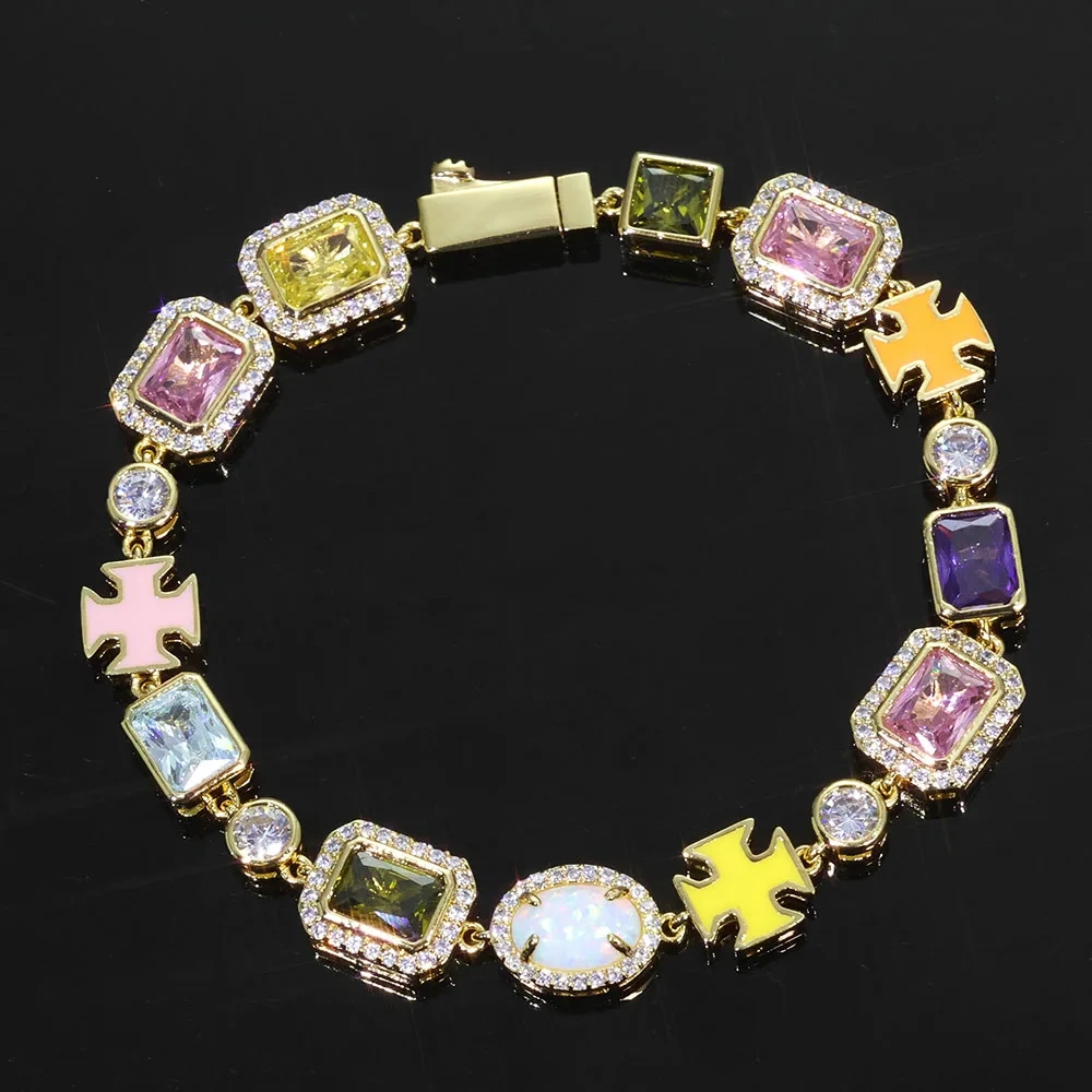 Mixed Colorful 10mm Cross Tennis Bracelet Enamel Bling Cz Chain Geometric Gemstone Motif Iced Out Opal Bracelet