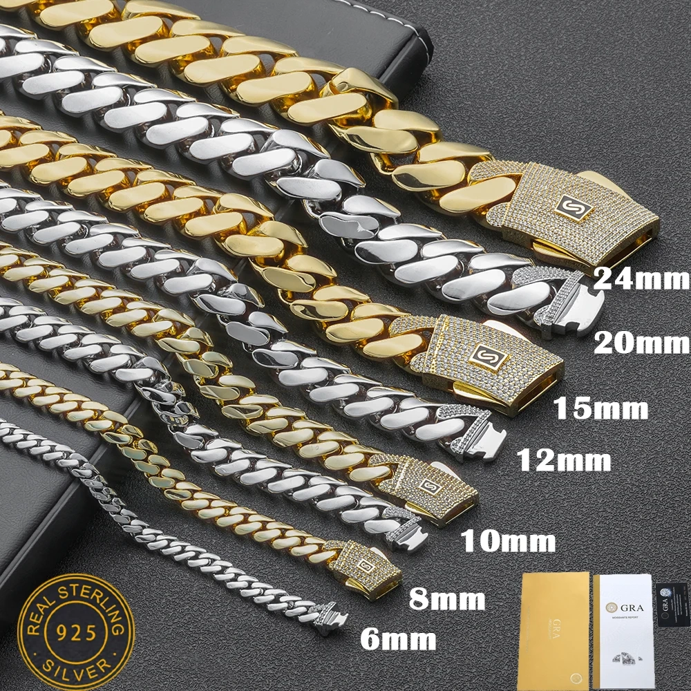 High Quality 14K Plated Monaco Chain 925 Silver Cuban Link Necklace Iced Out VVS Moissanite Clasp Smooth Cuban Chain Jewelry
