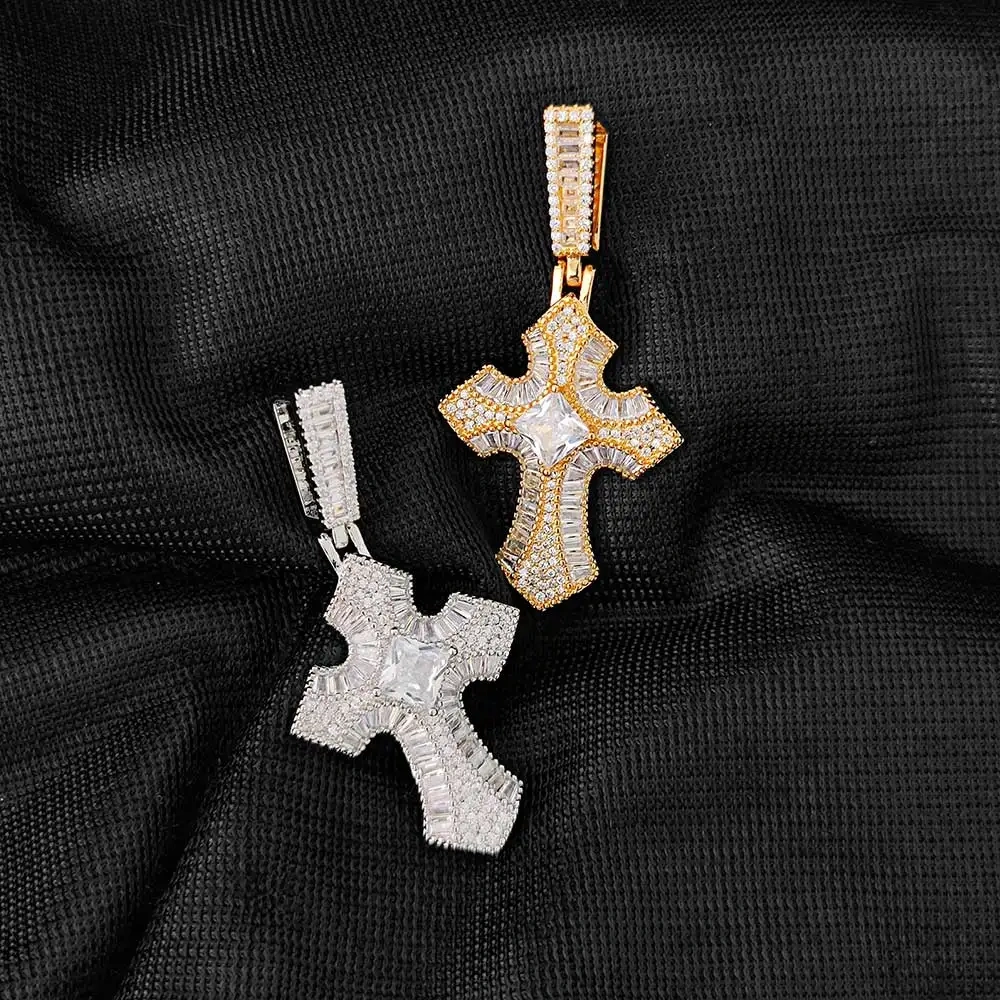 Wholesale Ice Rectangle Cross Pendant Necklace Mens Hip Hop Jewelry Bling CZ Mens Cross Charm Necklace Party Gift