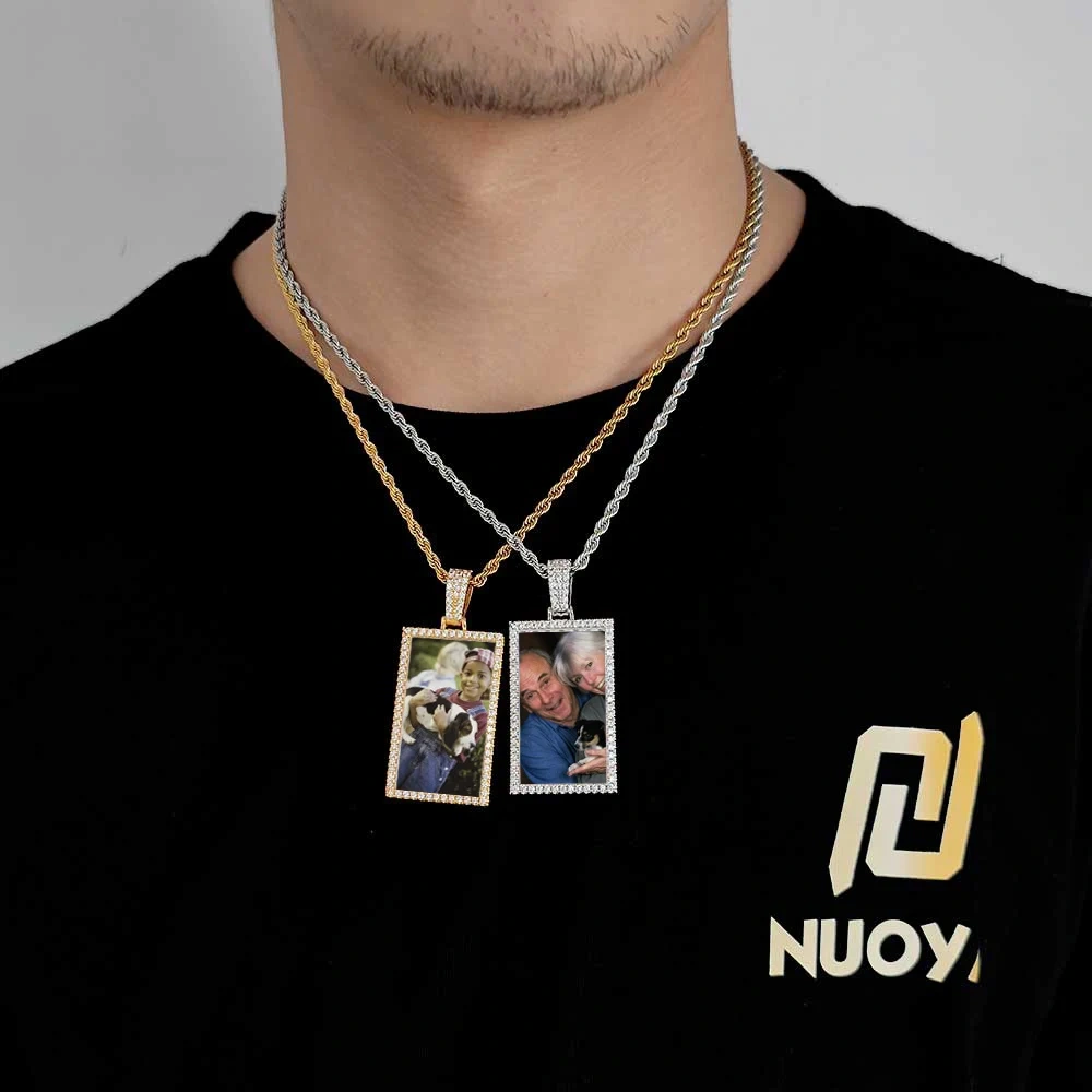 Custom Made Photo Rectangle Shape Pendant Necklace Zircon Men's Hip Hop Jewelry Memory Picture Pendant For Men Gift