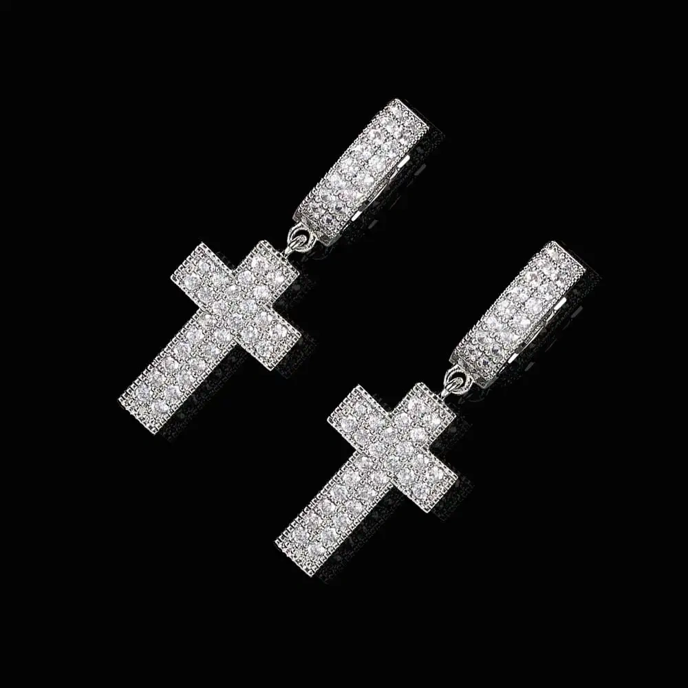 Drop Shipping Hip Hop Thick Hoop Earrings Bling Ice Out Cross CZ Zircon Plated Stud Lightning Earrings For Women Jewelry