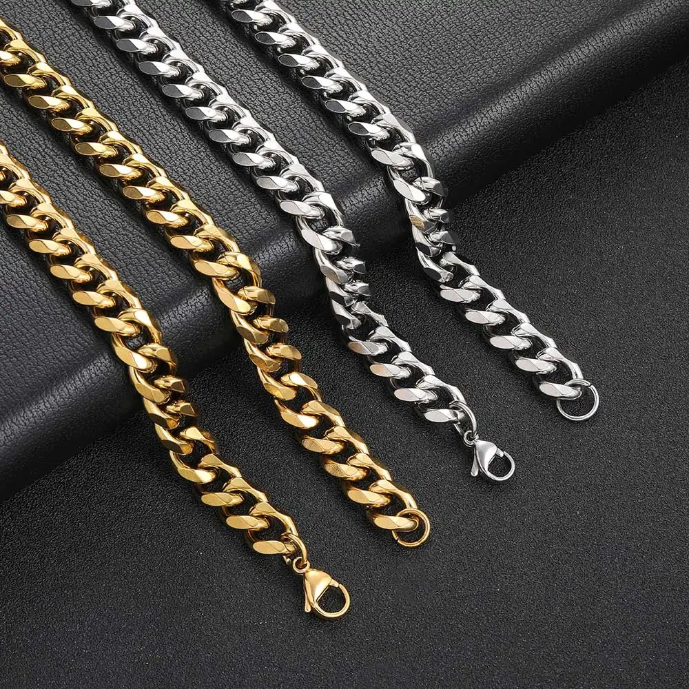 11MM Width Hip Hop Jewelry High Polished Stainless Steel 6 Sides Cut Miami Cuban Link Chain 7-9inch Bracelet for Men Women