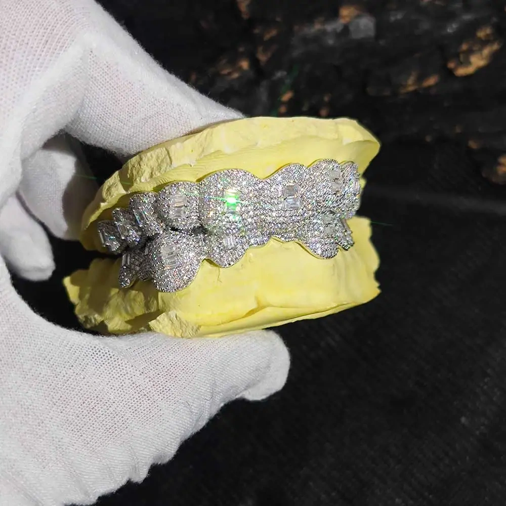 Hip Hop Iced Out VVS Grillz Invisible Setting Princess Cut Moissanite 925 Sterling Silver Top10 Bottom10 Grillz Pass Tester