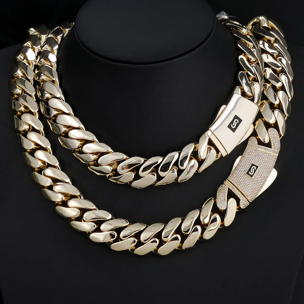Cadena 14k Gold Plated Hip Hop Luxury Jewelry Monaco Chain Classic Plain Lock Miami Cuban Link Chain Men Choker Necklace