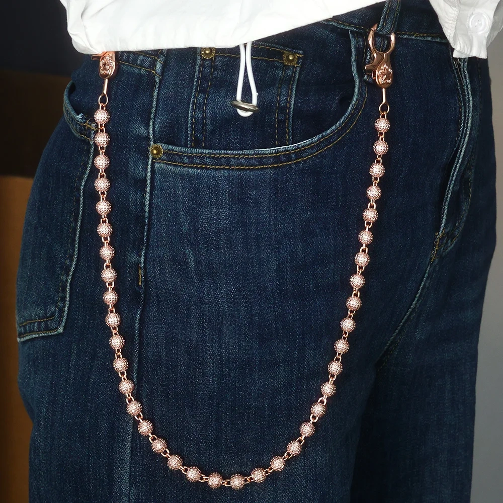 ESKEEM Rose Gold Plated Iced Out Pants Chain Women's Micro Pave CZ Round Bead Keychain Jewelry Hip Hop Fashion Gift