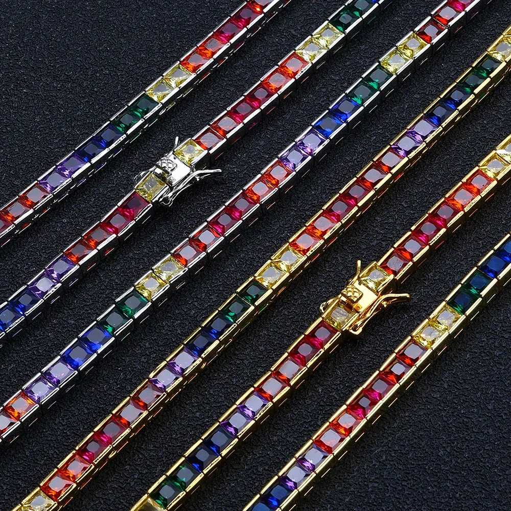 Fashion Jewelry Ice Out Rainbow Bracelet Brass Square 4mm 18K Gold Plated Colorful Cubic Zirconia Diamond Tennis Bracelet