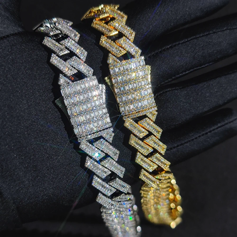18/19MM Thick Mix Baguette Iced Out Cuban Link Chain Rapper Hip Hop Jewelry CZ Diamond Chain Necklace For Men